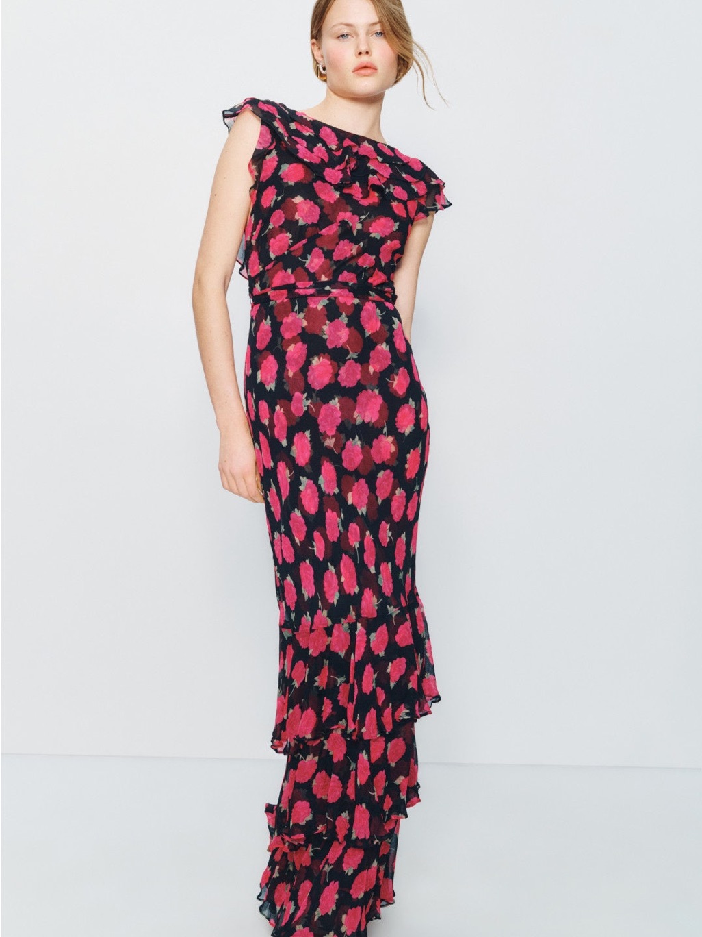 Rixo Black Maxi Dress With Fuchsia Floral Print